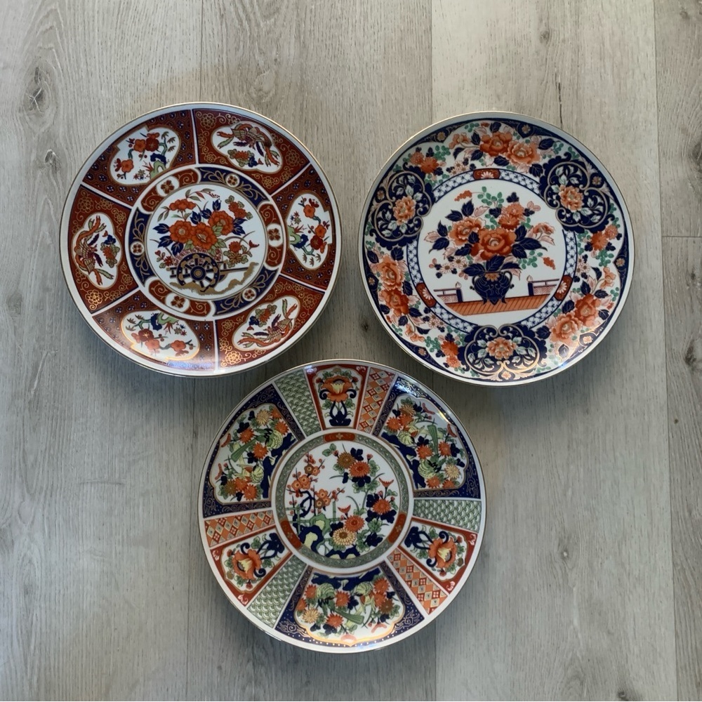 Elegant Orange and Blue Chinese Dinnerware Set of 3 chinoiserie plates home